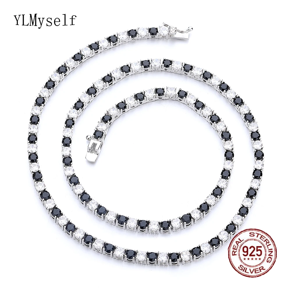 16-24 Inch (41-60 cm) Real 925 Sterling Silver Tennis Chain Necklace 3 mm One Black Mix One White Cubic Zircon Fine Jewelry