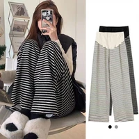 Maternity Striped Wide-legged Pants Fall Winter 2023 New Outside Wear Padded Thickened Drape Bottoming Pants Maternity Clothes 1