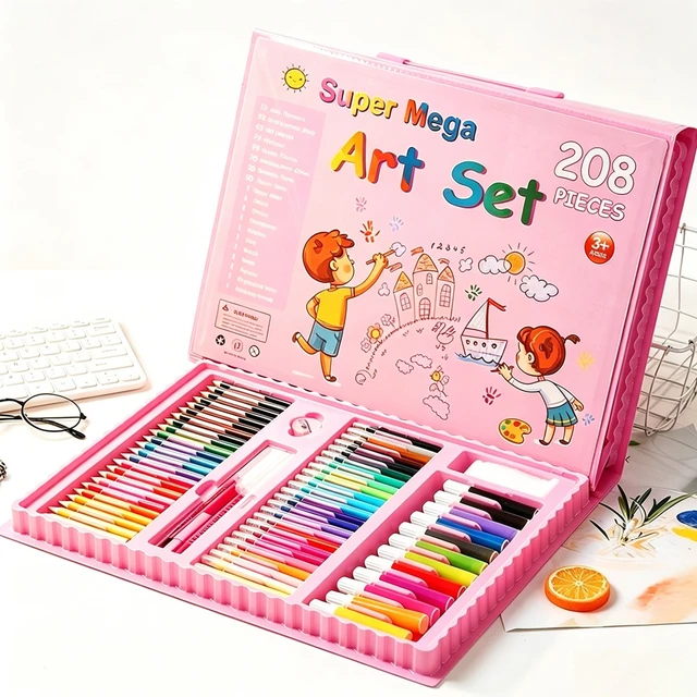 208 PCS Super Mega Kids Art Set, Portable Pink Drawing Kit with Easel, Crayons Colored Pencils Watercolor Paint, Art Supplies Gift for Boys Girls 1