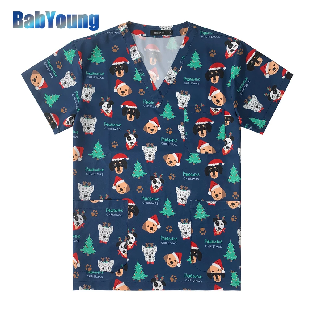 

High Quality Elastic Workwear Unisex Navy Christmas Print 2023 Nurse Uniform Shirt Short Sleeve Scrub Top BabYoung V Neck Doctor