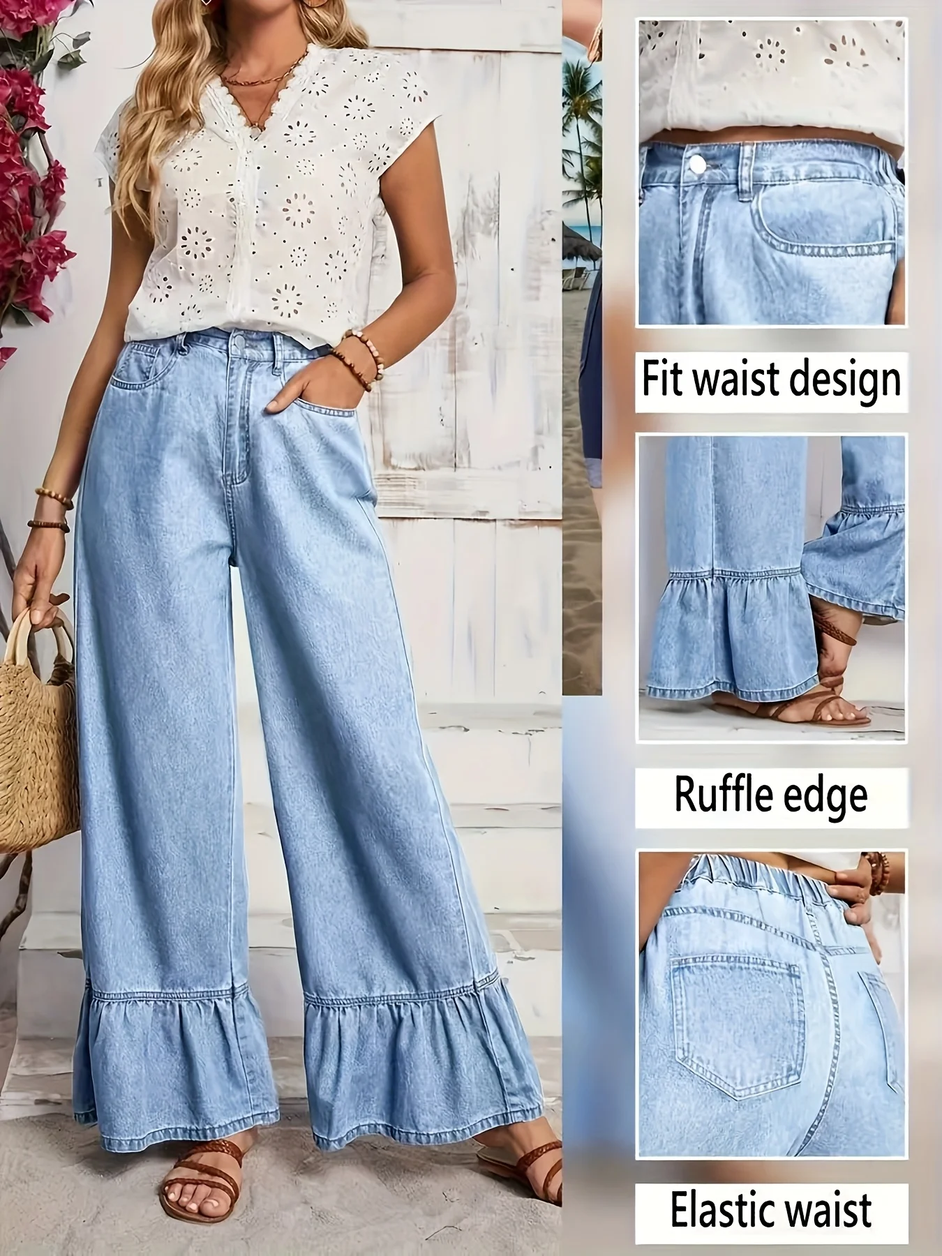 Jean large bleu clair à volants pour femme, taille haute, coupe décontractée, pantalon long