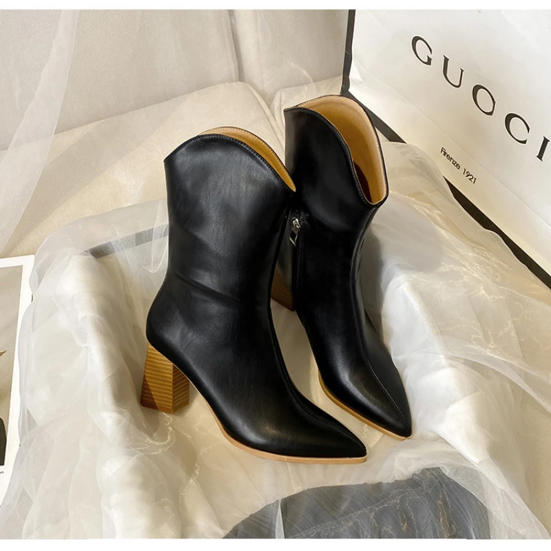 

Women's Sexy High Heels winter Pointed V-Neck Knight Boots fashion Thick Heel Western Denim Leather Women zapatos para mujeres