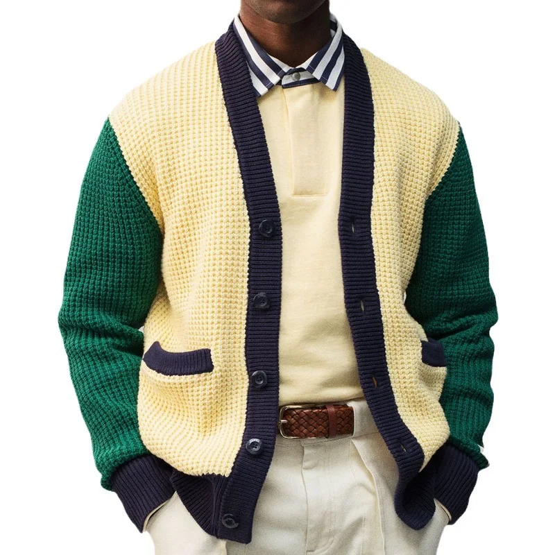 Men's Sweater Cardigan 2023 Autumn And Winter New Color Contrast Cardigan Urban Youth Casual Woolen Coat