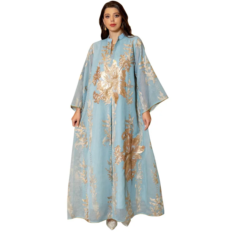 Arab Abaya Female Dubai Modest Casual Mesh Lace Insert Embroidery Notched V-Neck Full Sleeve Muslim Woman Long Dresses