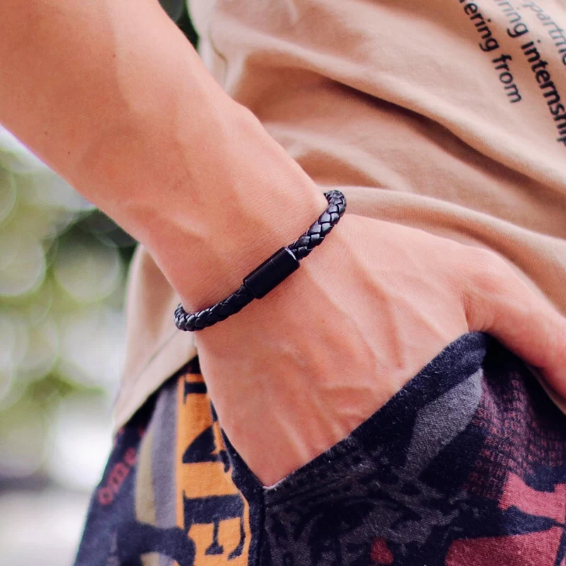 Leather Men Hiphop Braided Magnetic Clasp Black Bracelet