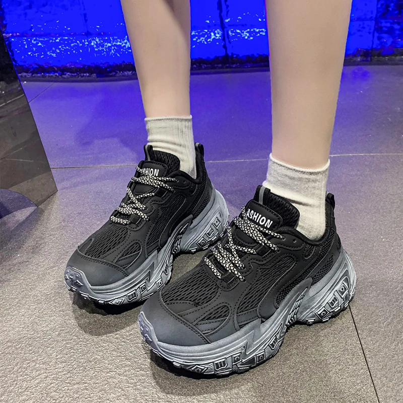 

2024 chunky Mesh Breathable Dad Shoes Female New Wedge Thick Sole Lace Up Comfortable Shoes Sport Running Shoes Zapatillas Mujer