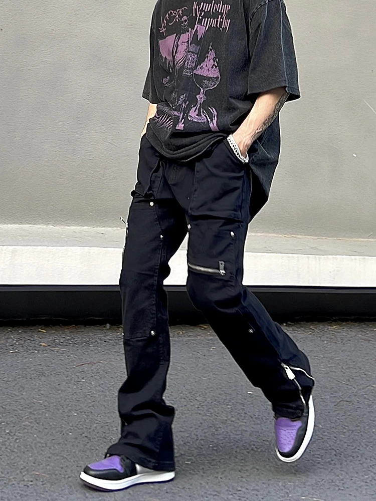 Men's High Street Slim Fit Pants Fashion Casual Side Zipper Work Dress Jeans Straight Sleeve Micro Flare Pants Men's Y2K Hip Hop