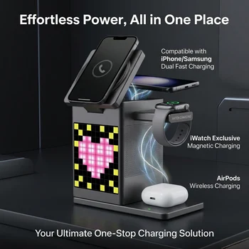 Magnetic 6-in-1 Fast Wireless Charger with Bluetooth Speaker, Digital Clock & Pixel Display, Compatible with MagSafe iPhone, App 6