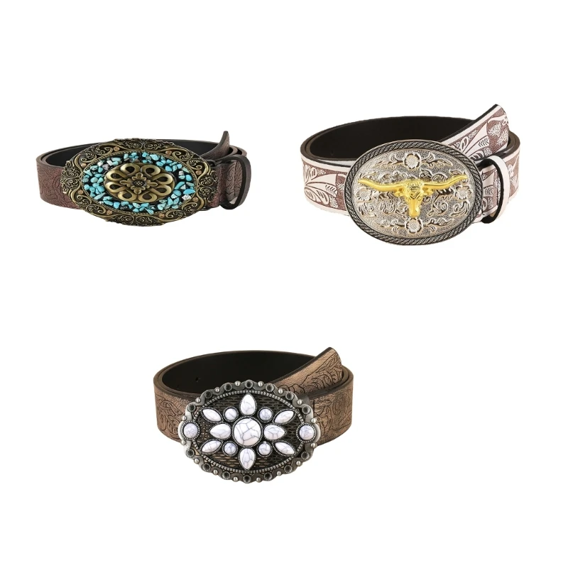 

Men Women Novelty Engraved Vintage Buckle Belt Embossed Western Belt White Stone Cowboy Belt for Party Costumes Accessories