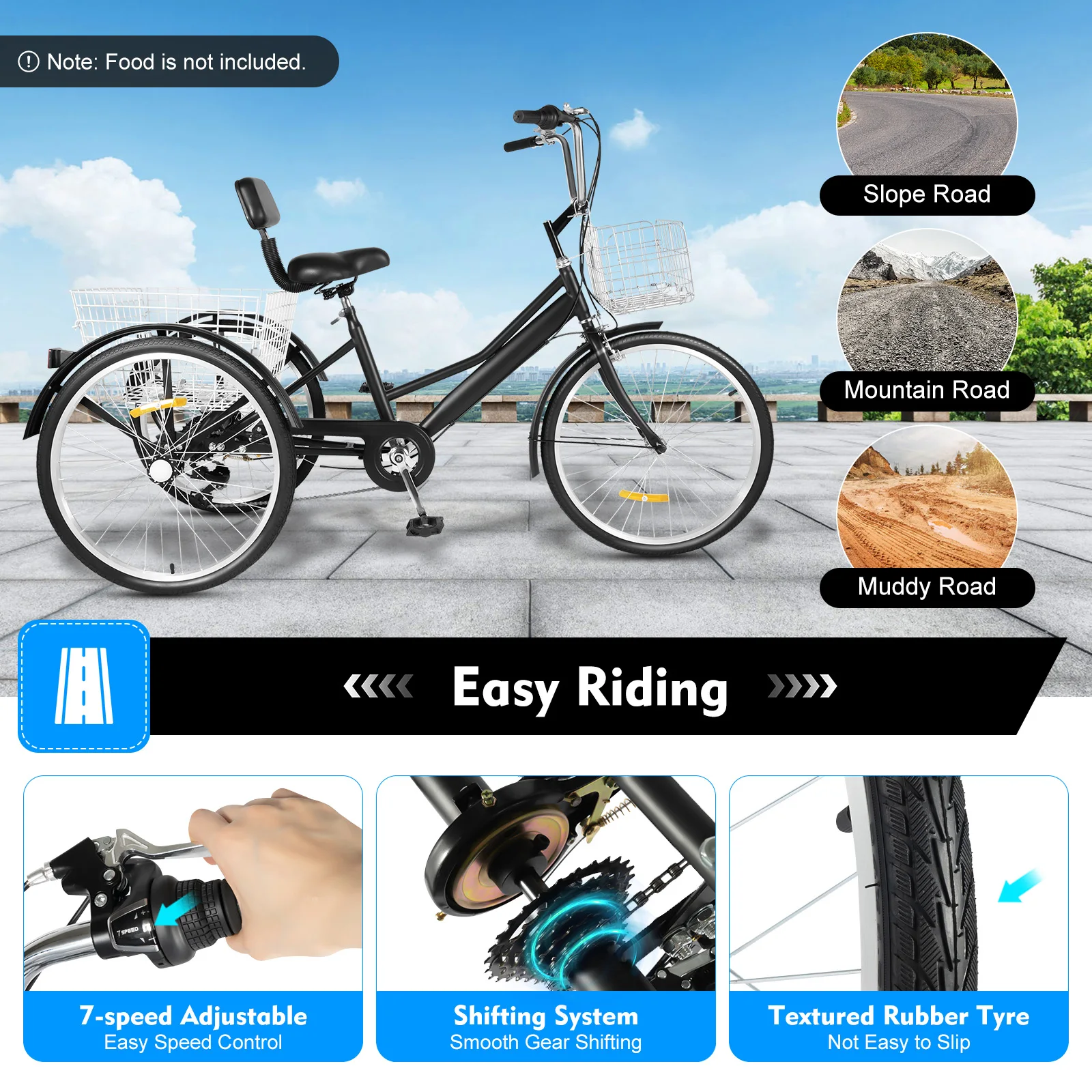 Bicycle Ridgeyard Triciclo 24 Inch 7-Speed Adult Tricycle High