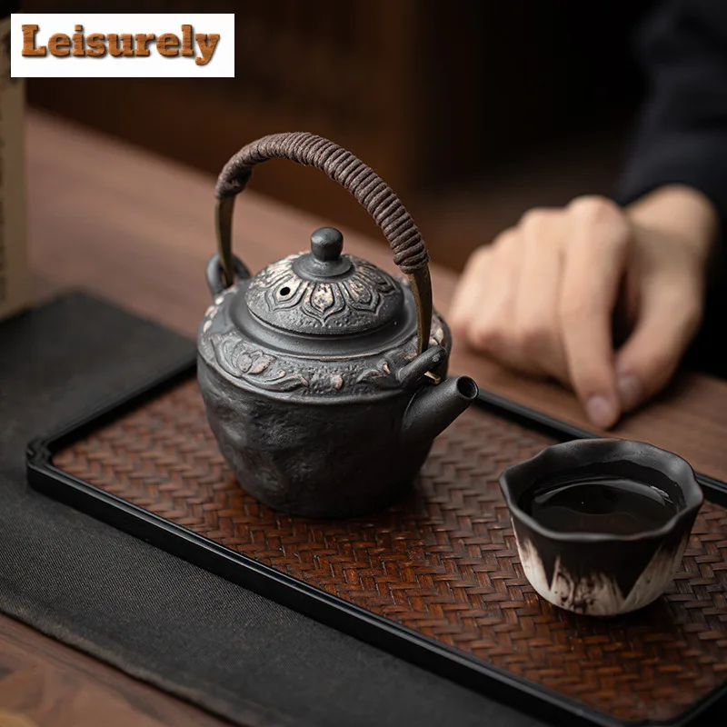 200ML Wabi Sabi Style Ancient Lotus Lifting Handle Teapot Retro Tea Infuser Pot Tea Brewing Kettle With Strainer Tea Services