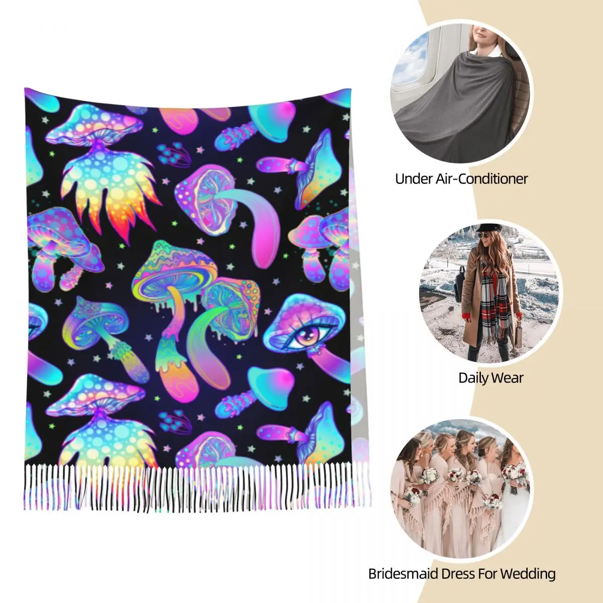 Trippy Mushroom Psychedelic Shawls Wraps for Womens Winter Warm Long Soft Scarf Shrooms Pashmina Tassel Scarves 4