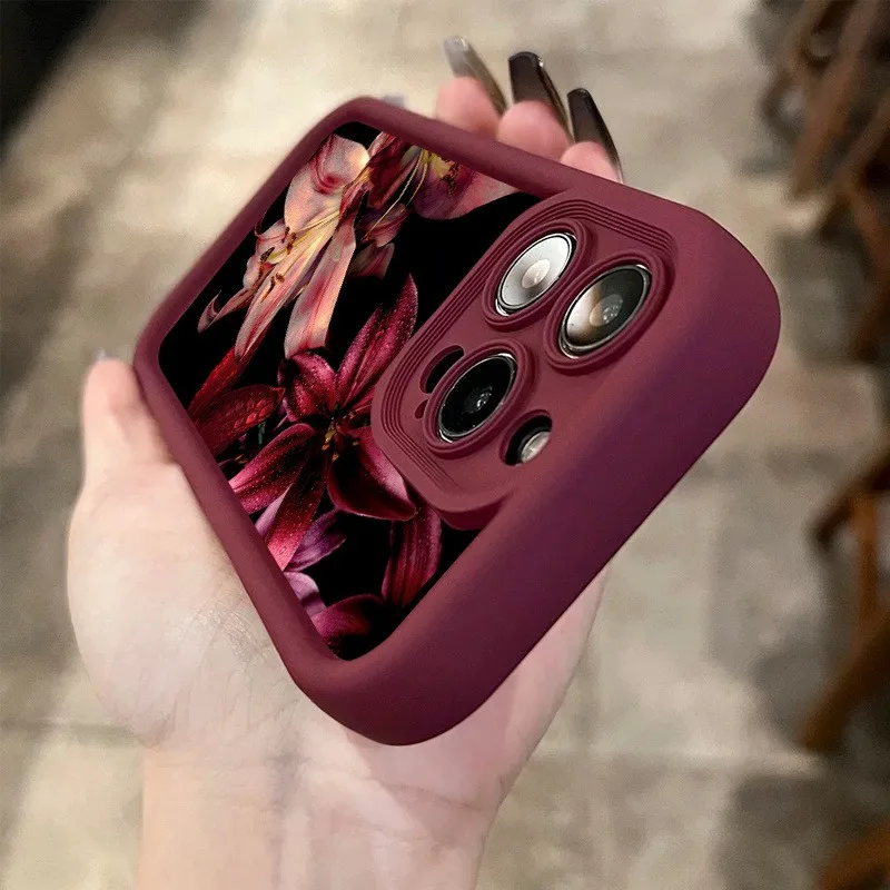 Luxury Dark-Themed Wine Red Phone Case with Water Droplet Lily Design
