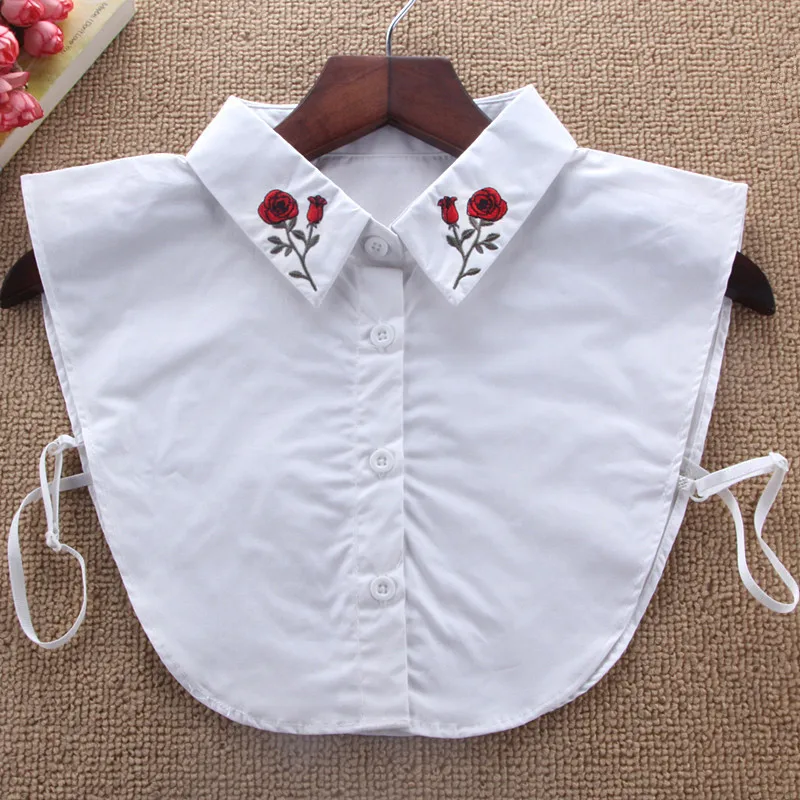 

Linbaiway Women Embroidered Red Rose Flase Collar Cotton Shirt Detachable Collars Ladies Lapel Shirt Blouse Shirt Fake Collar