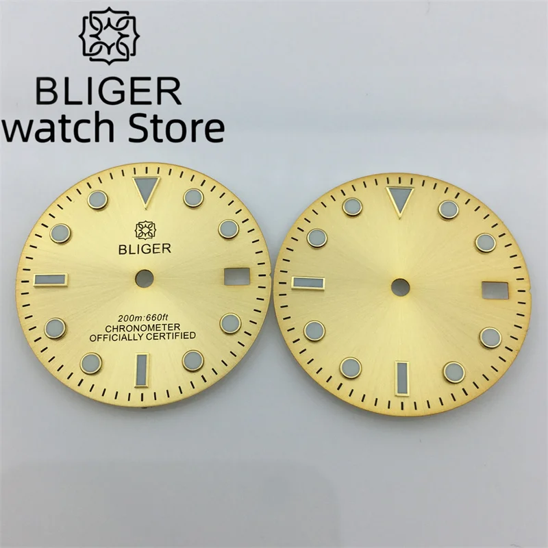 BLIGER 29MM gold rose gold dial suitable for NH35 movement 3 word date blue luminous
