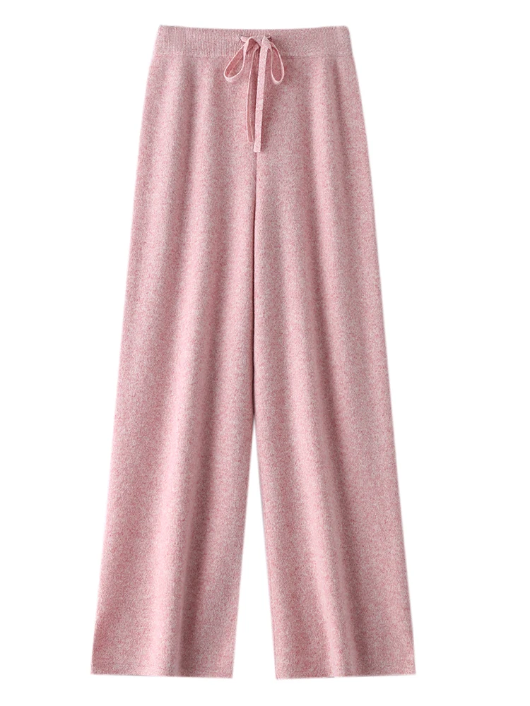Pantaloni da donna Pantaloni di lana merino al 100% Autunno Inverno Maglione Pantaloni a gamba larga Legatura Elastico Casual Basic Morbido Caldo Pantaloni in maglia 2