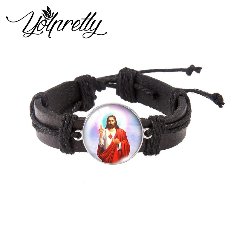 2023 New Fashion Jesus Beato You Cross Faith Paintings Glass Dome Bracciali In Pelle Nera Gioielli Artigianali Per Uomo