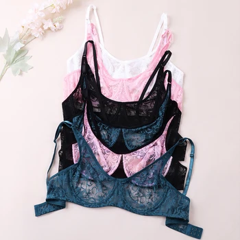 Womens Lace Bras Underwire Hollow Out Embroidery Sexy Underwear Perspective Lingerie BH Tops Plus Size Brassiere A B C D Cup 1
