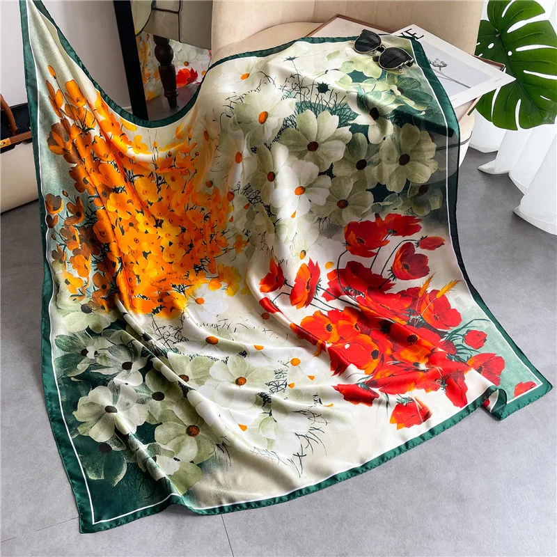 

New woman Fashion print female National style Scarf Flower color matching 110cm Large Square Sunscreen Mother gift Headscarf