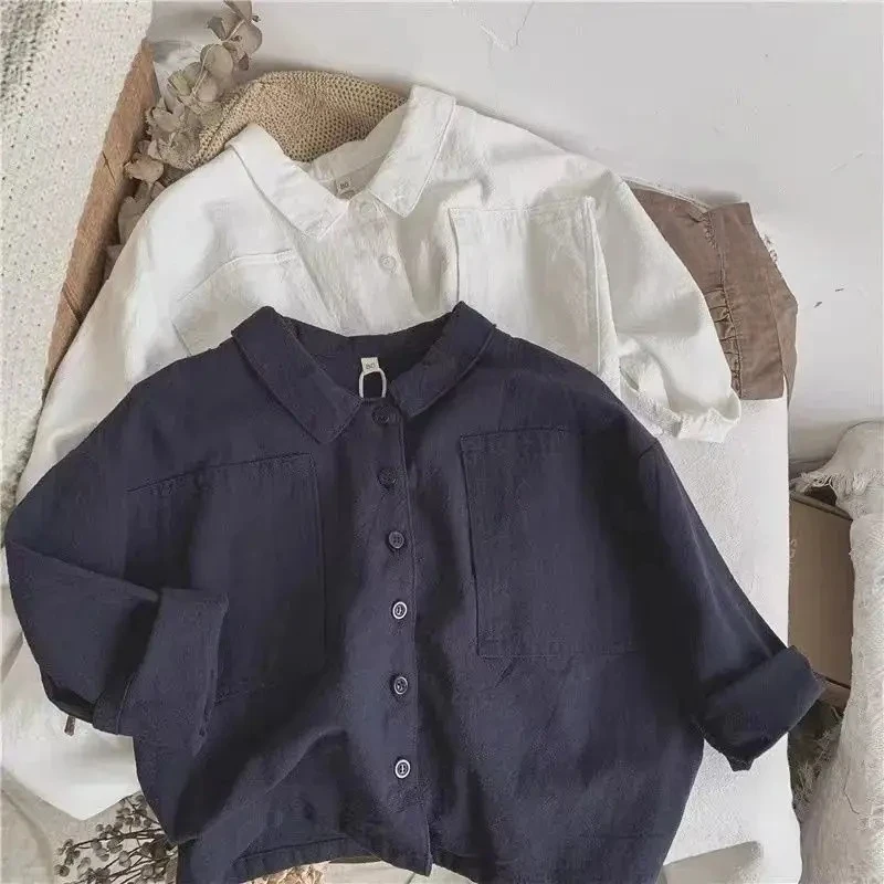 봄과 가을 소년 셔츠 일본 스타일 레트로 긴 소매 폴로 칼라 코튼 린넨 셔츠 어린이 베이비 탑 아우터 코트