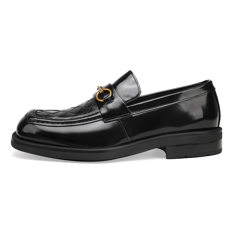 Men Business Shoes Laces Round Head Leather Knitted Shoes Thick Soles