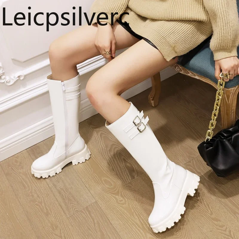 여성용 두꺼운 힐 벨트 버클 하이 부츠, 캐주얼 오토바이 부츠, 높이 5cm, 34-43, 가을, 겨울, 새로운 스타일 패션