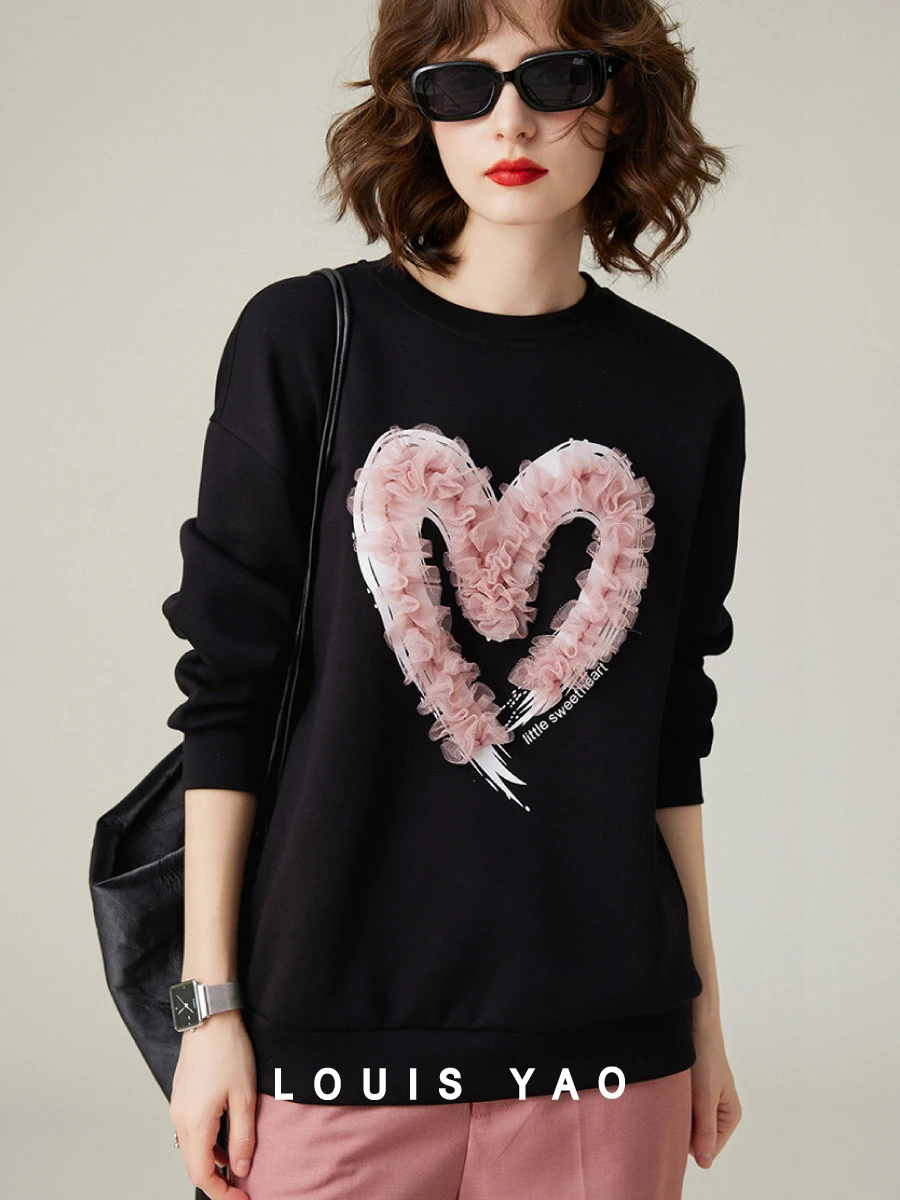 LOUIS YAO Women Romantic Pleated Mesh Heart sweatshirt 2023 Autumn Stylish and Airy Round-neck Loose Women's Top