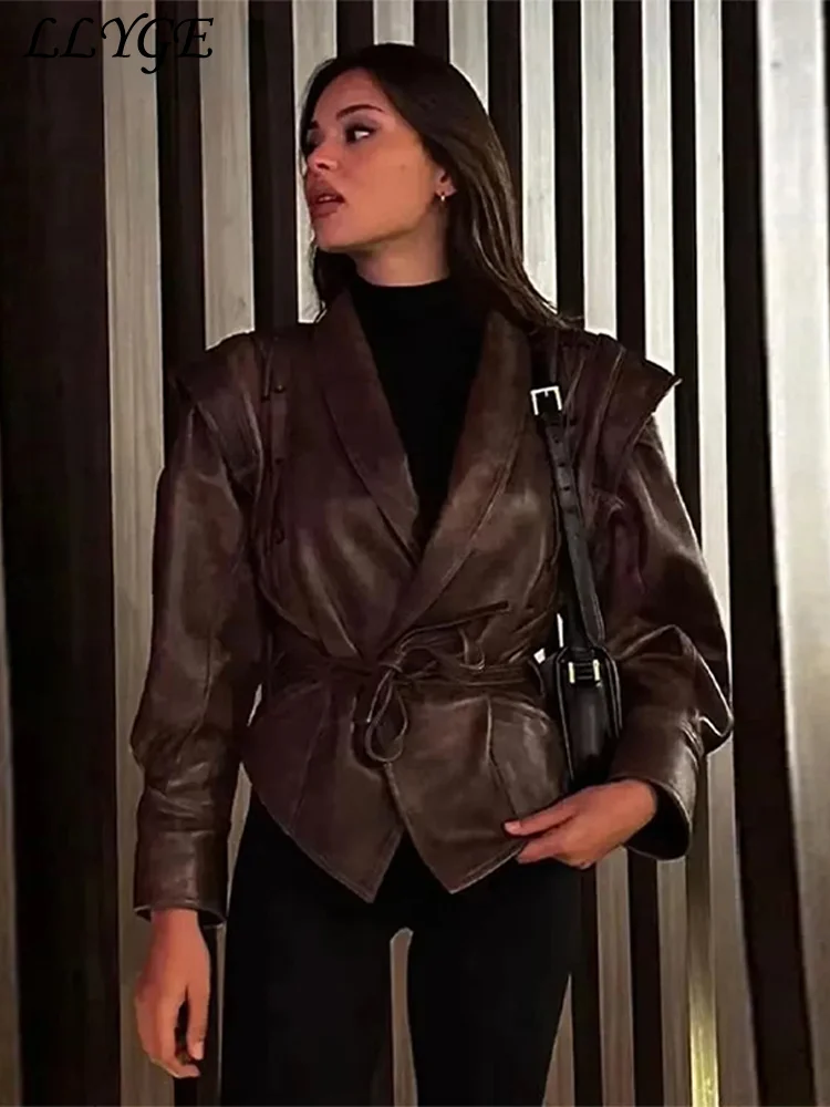 Vintage Women's Leather Jacket With Belt Slim Lace Up Lapel Long Sleeve Locomotive Coat 2024 Autumn Lady High Street Y2k Outwear 3