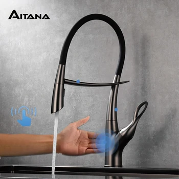 Rubinetto da cucina di lusso in ottone grigio pistola con design touch intelligente Rubinetto per lavello con aspirazione magnetica per acqua calda e fredda con maniglia singola 1