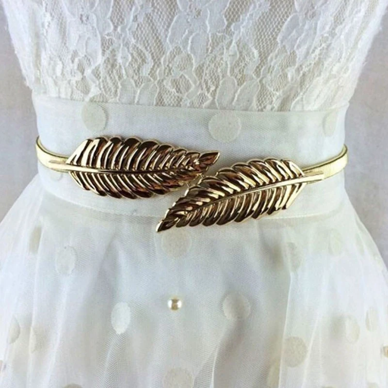 

Women's Fashion Metal Golden Silver Leaves Chain Belt Waist Band Elasticity Waist Belt For Dress Skirt Bands Female