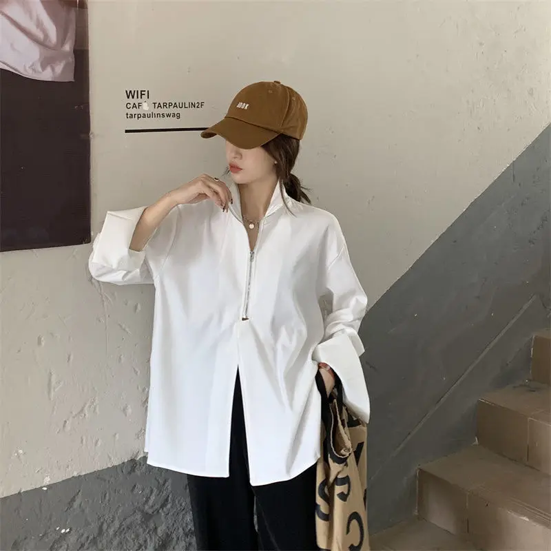 High Street Fashion Zipper White Shirt Women New Casual Loose Long Sleeve Blouse Woman New Mid Length Black Tops Female