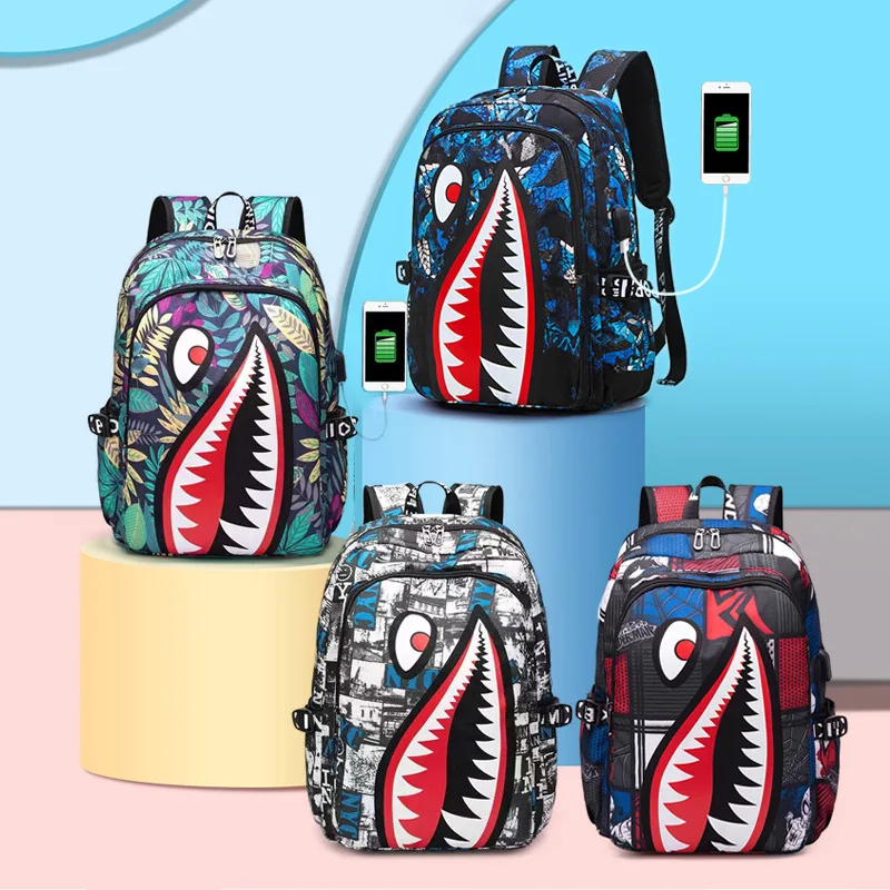 Travel Backpack Bookbag Oxford Shark Print Satchel 15.6-inch Laptop Computer Bag for Primary School Students Mochila Infantil