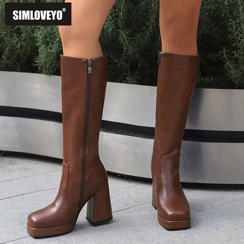 SIMLOVEYO 여성용 무릎 높이 부츠, 스퀘어 토 블록 힐, 10cm 플랫폼, 2.5cm 지퍼, 빅 사이즈 43, 간결한 스트리트 캐주얼 여성 보타