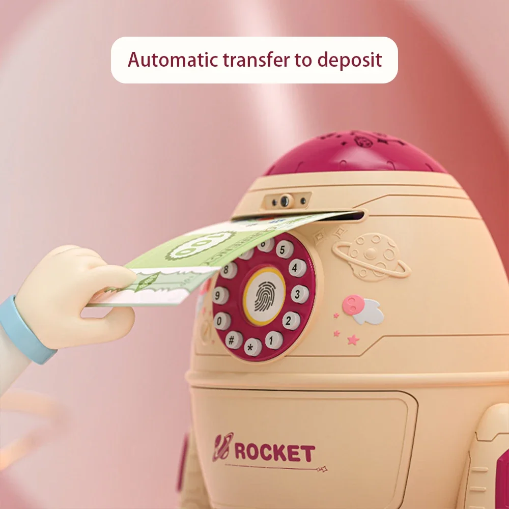 Cute Children Piggy Bank Space Rocket With Projection Music LED Cash Box Plastic Electronic Password Coin Money Box Kid Gift Toy