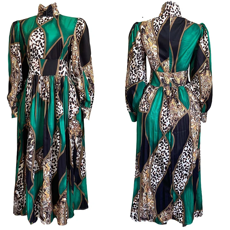Temperament Women's Clothing Half-high Collar Printing Long Sleeve Basic Elegant Plus Size High Waist Crimp Ankle-Length Dress