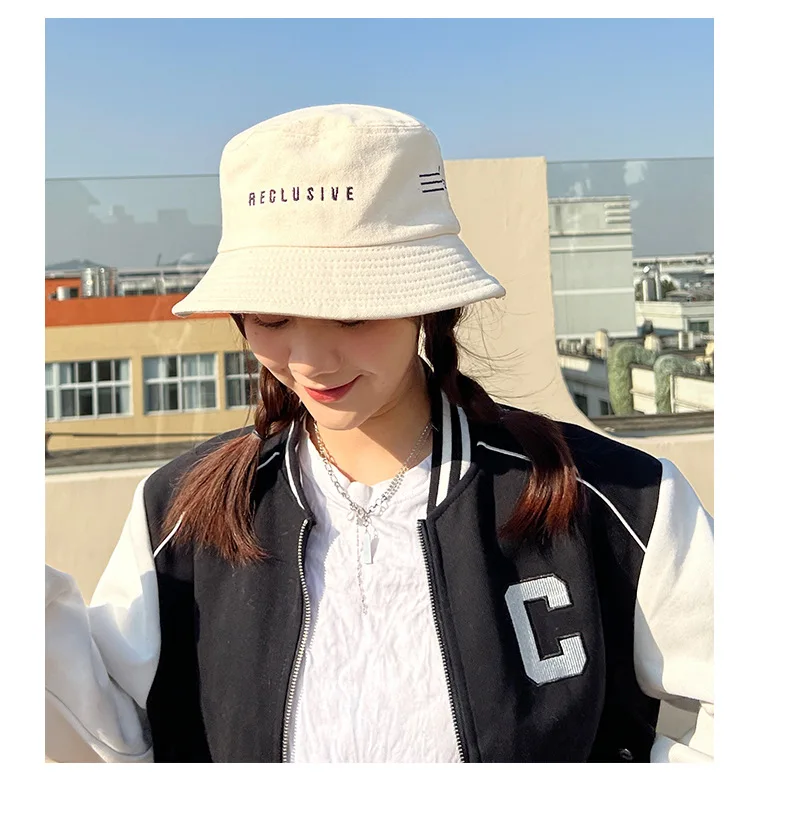 RECLUSIVE Letter Embroidery Cotton Color Matching Wild Fisherman Hat for Women Outdoor Sun Protection Casual Wear Bucket Hat cheap bucket hats