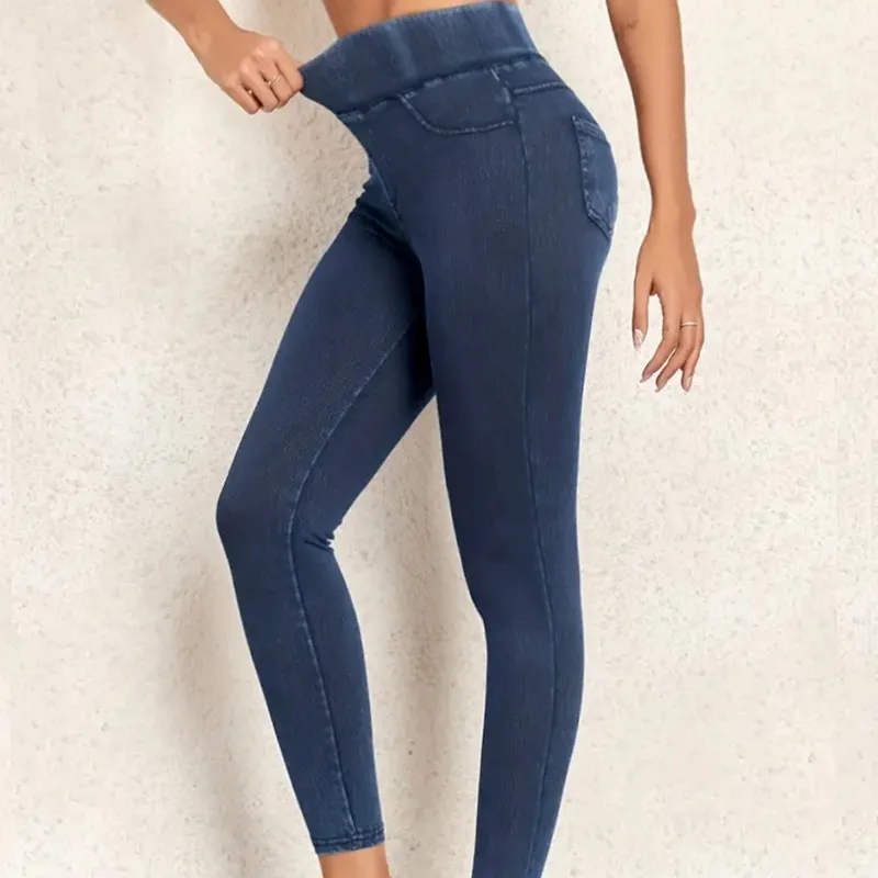 Women's Faux Denim Yoga Leggings Fitness Stretch Leggings High Waisted Fashionable Skinny Tights Gym Workout Running Pants 2