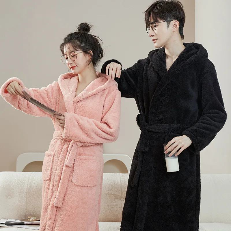 Sleepwear Nightgown Men Women Couple Pajamas Warm Flannel Robes Coral Fleece Long Sleeve Fleece Sleepwear Belt Cardigan Hooded
