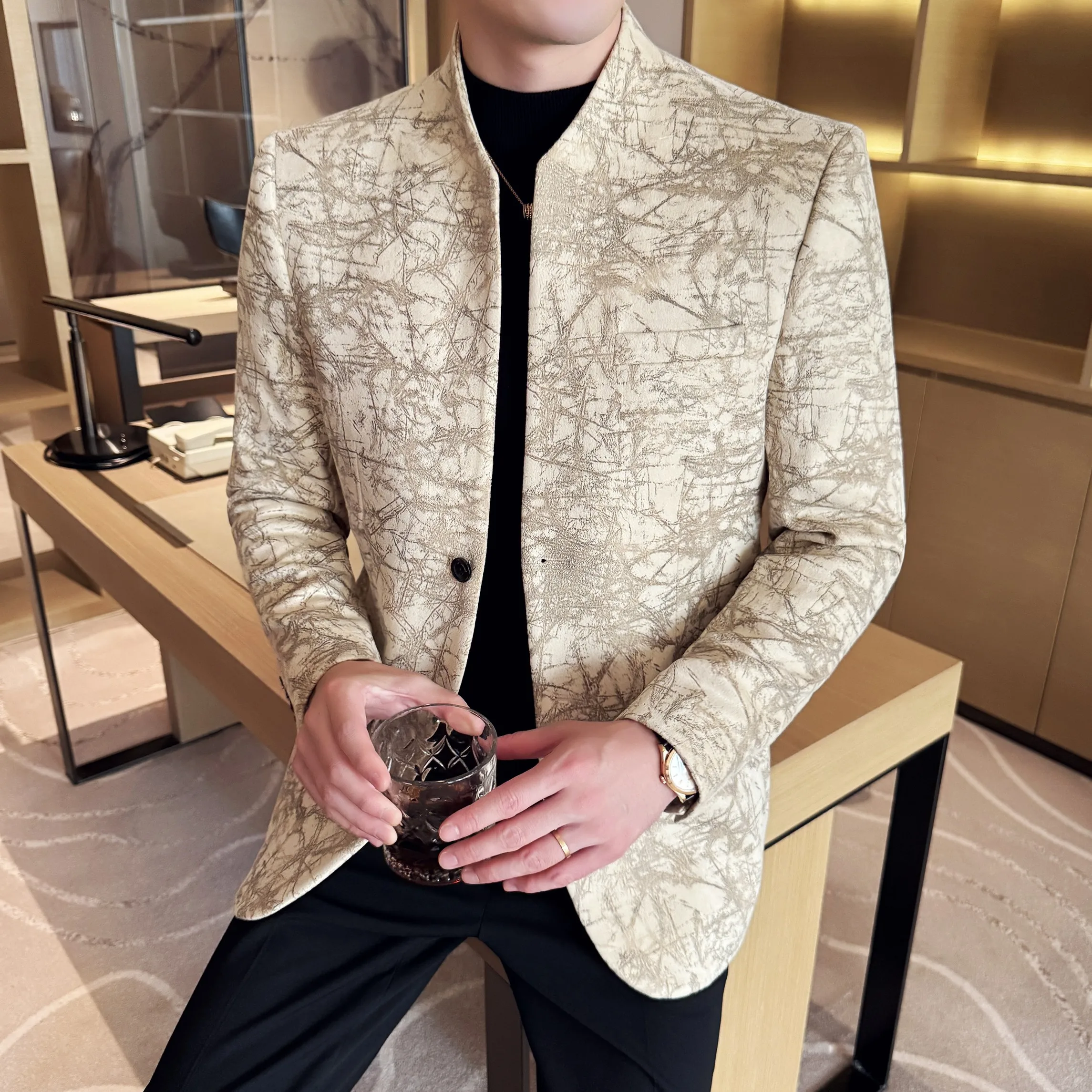Veste de costume Jacquard à col montant pour hommes