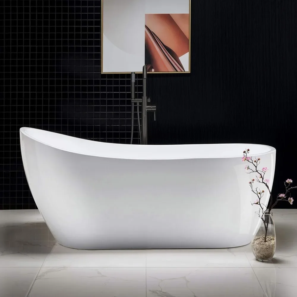 67" Freestanding Bathtub with Matte Black Overflow and Drain，Bottom with Stainless Steel Bracket Makes，Contemporary Soaking Tub 4