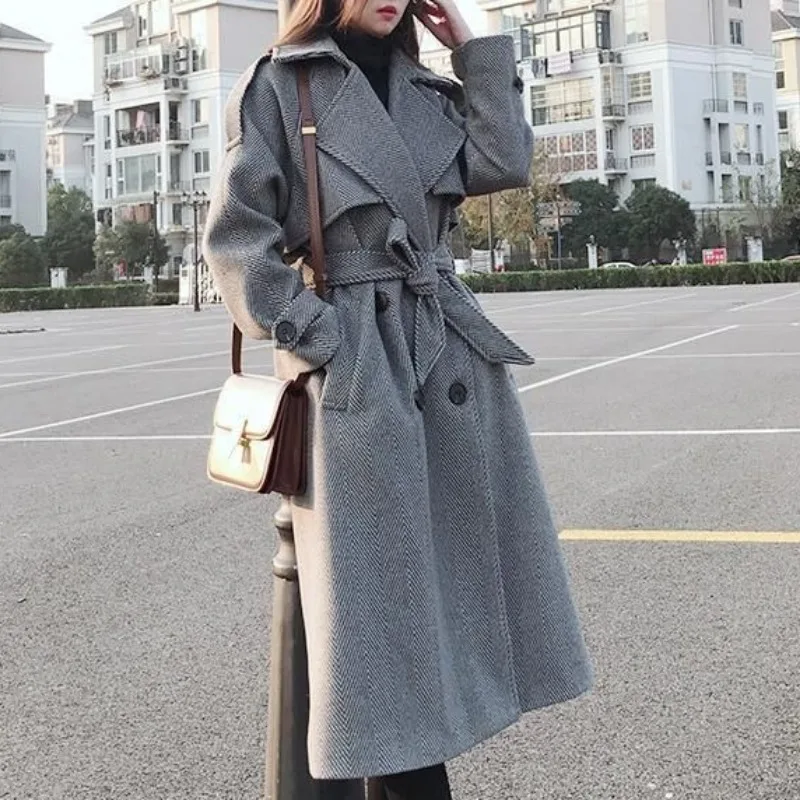 2023 Spring Autumn New Thickened Coat Women Mid Length Over Knee Woolen Overcoat Loose All-in-one Trench Jacket