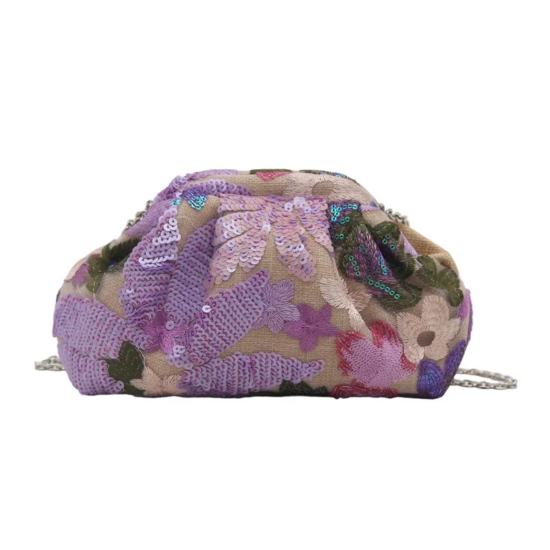 Borsa da sera per donna Borse con design a catena con paillettes Elegante pochette per banchetti Borsa in lino floreale Borse da polso da donna Portafoglio da donna - immagine 6