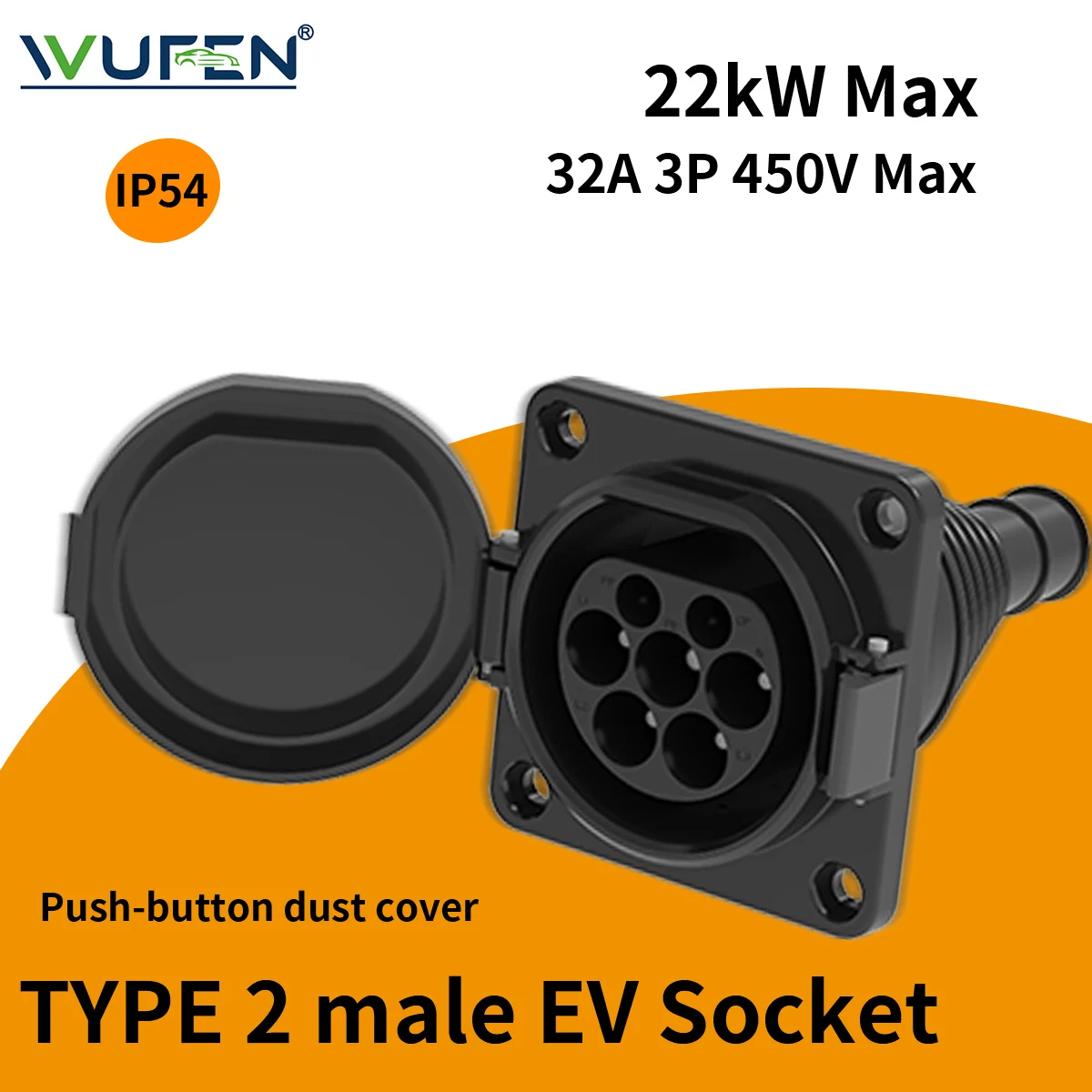 WUFEN EVSE ประเภท 2 ซ็อกเก็ตชาย 16A & 32A 1P & 3P สําหรับรถยนต์ไฟฟ้ารถด้านข้าง Charger IEC 62196 ประเภท 2 ซ็อกเก็ต EV Charger SOCKET 32A 1