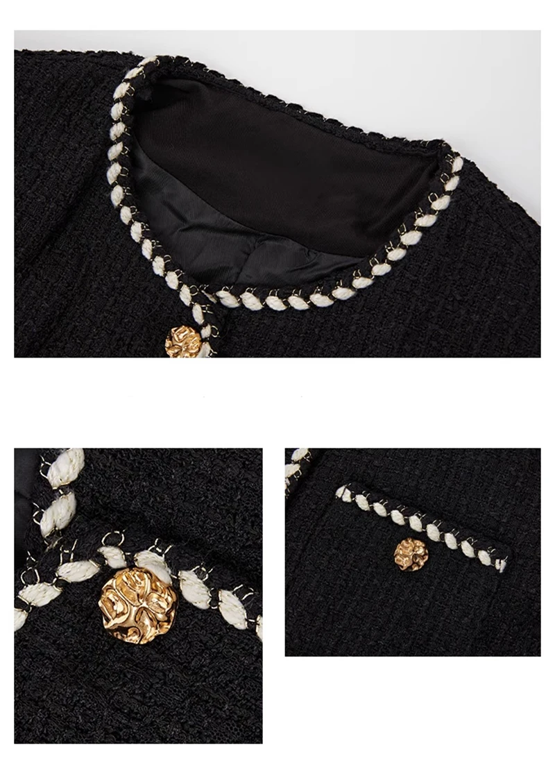 Vintage Cropped Tweed Jacket Women Black Quilted Coat Elegant Blazer Winter Ladies Single Breasted Thicken Outerwear Tops