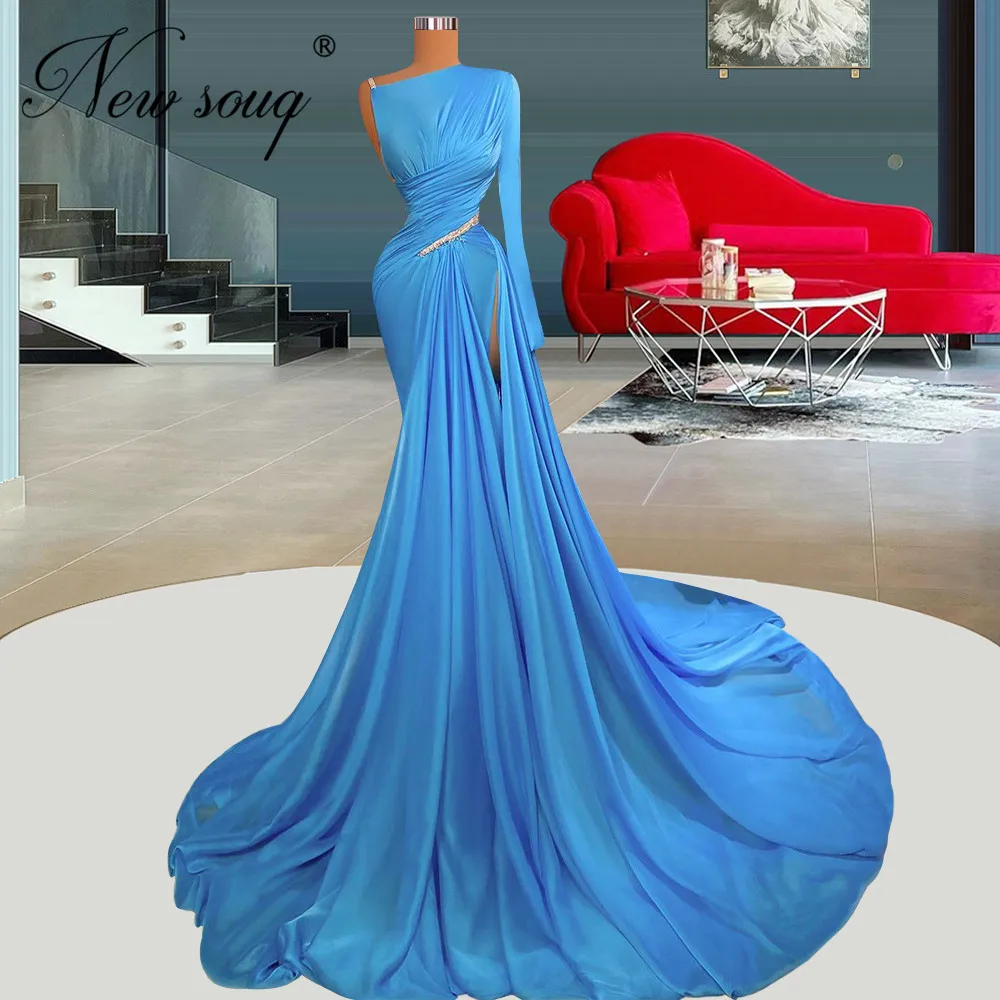 One Shoulder Blue Evening Gowns Elegant Long Pleat Celebrity Cocktail Dresses Sweep Train Arabic Dubai Girls Party Prom Dress evening gowns for women