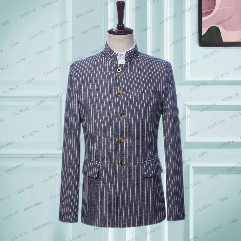

Men's New 2023 Business Official Navy Suit White Striped Standing Collar Classic Single Breasted Elastic One Piece Slim Fit Coat