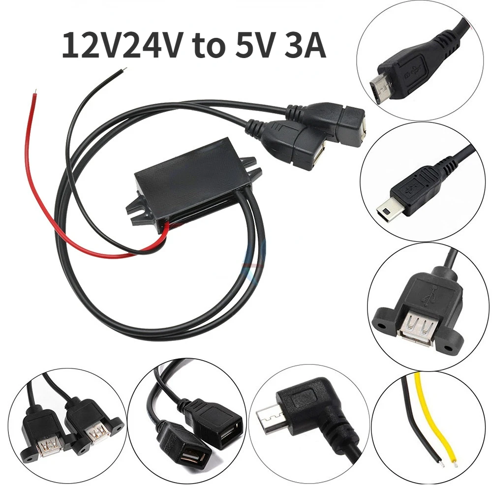 Auto DC 12V to DC 5V 3A 15W Hard Wired Step Down Converter Power Supply  Dual USB Female Charger for Smart Phone Car DVR GPS Tablet Quick Charge