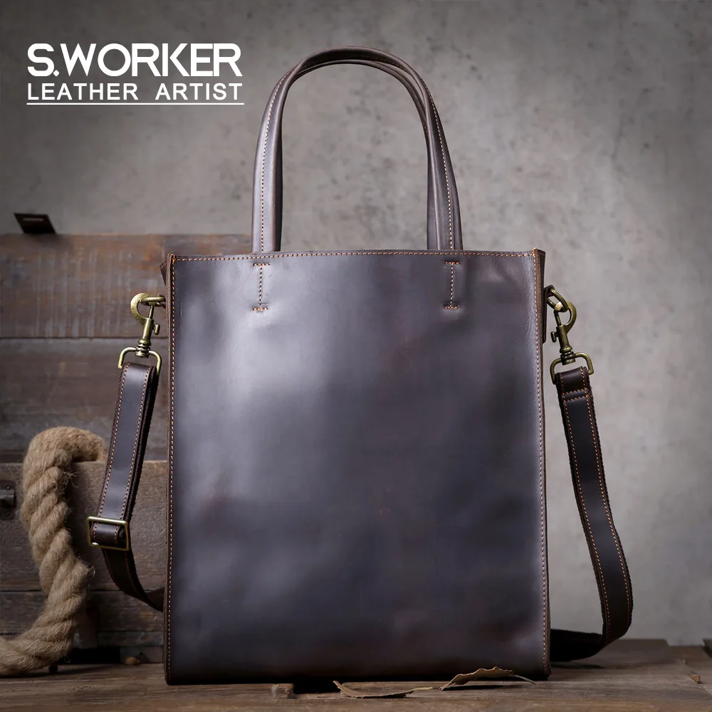 S.worker Vintage Genuine Leather Tote Bag Men's Handbag Cowhide Shoulder Bag Women Large Capcity Crossbody Bags Simple Casual