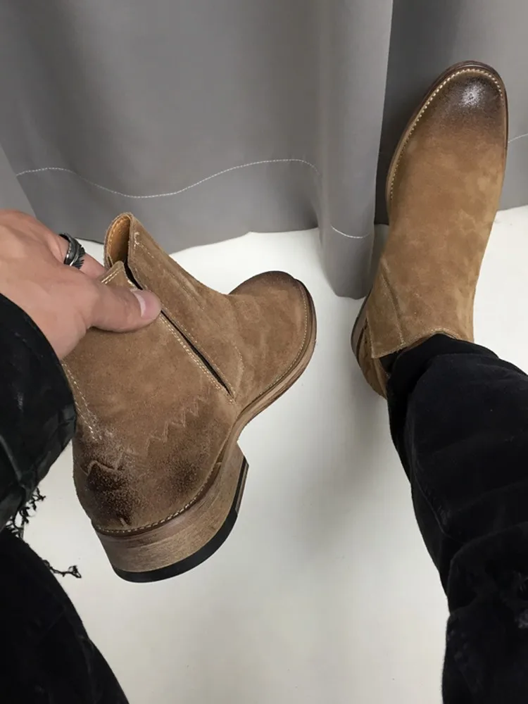 하라주쿠 겨울 남성 빈티지 양털 안감 앵클 부츠, 승마 첼시 부츠, 비즈니스 캐주얼 암소 스웨이드 가죽 작업 안전 신발