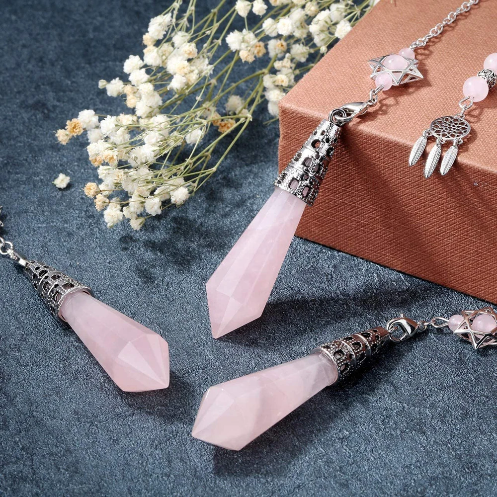 Reiki Healing Amulet Copper Chain Pendulums For Dowsing Natural Stone Crystal Divination Wicca Metaphysical Rose Quartz Pendulo